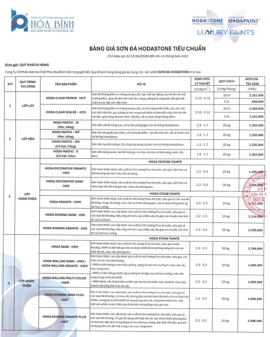 bảng giá sơn đá hòa bình mới nhất năm 2026